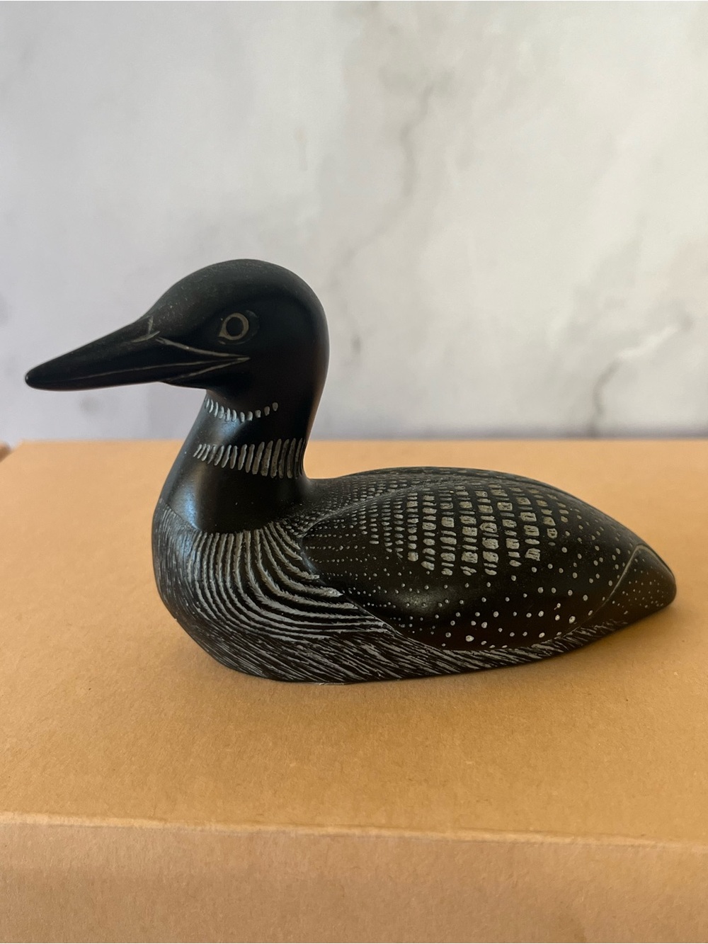 Vintage Boma Carved Black Stone Loon Bird Sculpture With Label